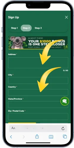 Second signup stage on Fair Go Casino collecting Aussie address info.