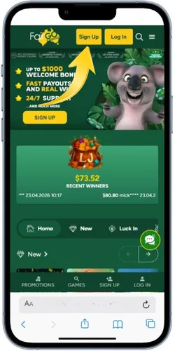 Bright Fair Go Casino homepage showing Sign Up button for Aussies