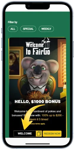 Thousand dollar Welcome bonus offer at Fair Go Casino with a Redeem button.