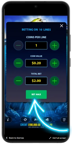 Big Bass Bonanza bet menu on mobile with coins per line, coin value and total bet in AUD