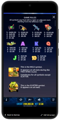 Big Bass Bonanza paytable on mobile showing symbol payouts and Wild and Scatter