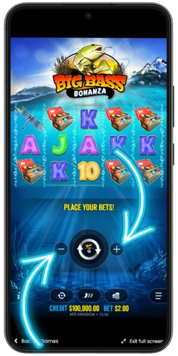 Big Bass Bonanza mobile reels with place your bets prompt and stake buttons