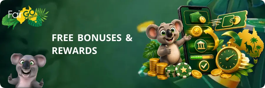 Promotional free bonuses and rewards at Fair Go Casino featuring a koala