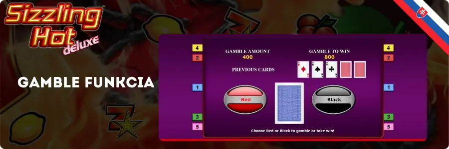 Gamble funkcia v Sizzling Hot Deluxe – výber červená alebo čierna, výhra 800